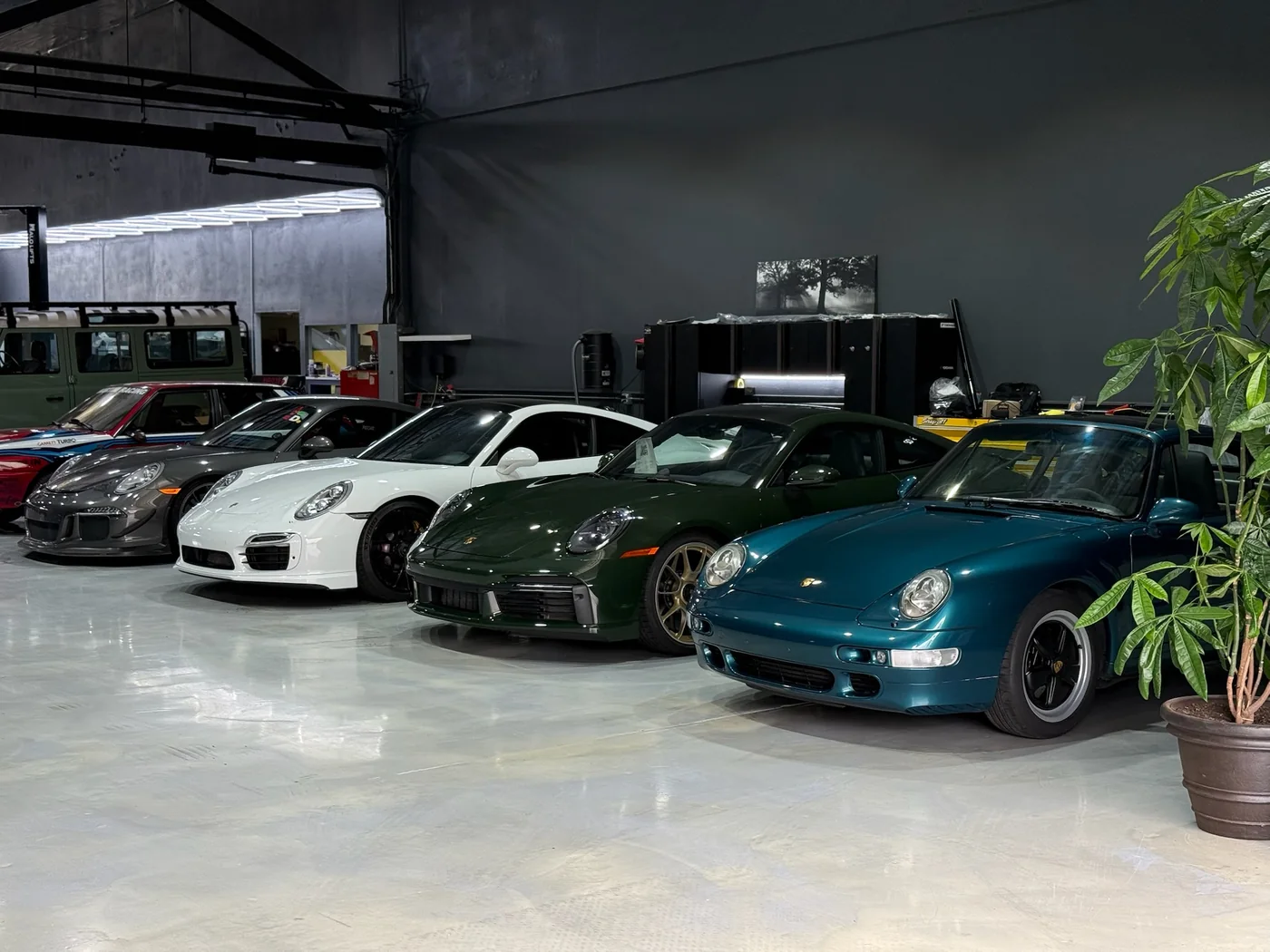 Porsche 911s parked indoors at Artec Automotive in Belmont, CA